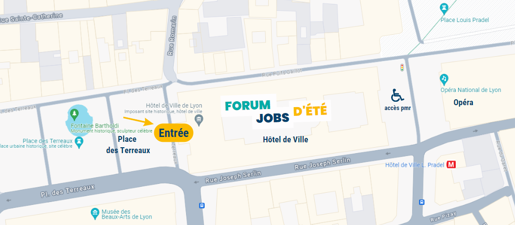 Carte / Plan d'accès au Forum Jobs d'été de Lyon via la Place des Terreaux