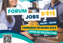 affiche du Forum de recrutement jobs d'été édition 2024 le vendredi 29 mars à l'Hôtel de Ville de Lyon de 10h à 18h. entrée libre et gratuite
