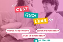 L'affiche annonce les RDV Info-Jeunes "C'est quoi le bail ?" avec les dates, horaires, lieu, et contacts pour s'inscrire, le tout présenté de manière claire et accessible pour aider les jeunes à trouver un logement.