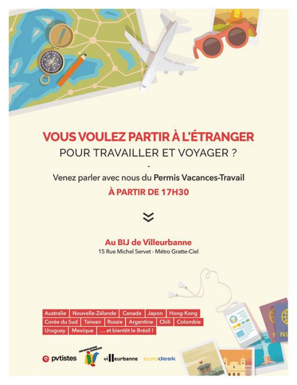 Information PVT Programme Vacance Travail, BIJ Bureau Information Jeunesse Villeurbanne, jeudi 4 avril 2019 à 17h30