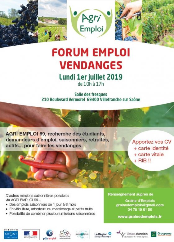 Forum Vendanges emploi, Villefranche-sur-Saône, lundi 1er juillet 2019 de 10h à 17h