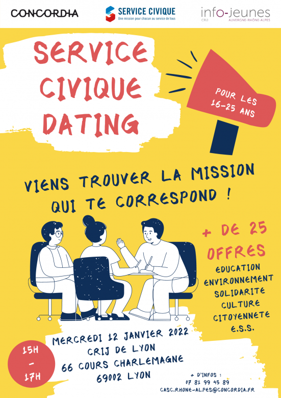Service Civique Dating avec Concordia, Mercredi 12 janvier 2022 de 15h à 17h au CRIJ à Lyon 2e