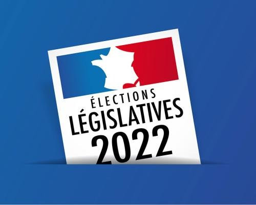 visuel annonçant les élections législatives de 2022 avec un bulletin orné du drapeau français sur fond bleu