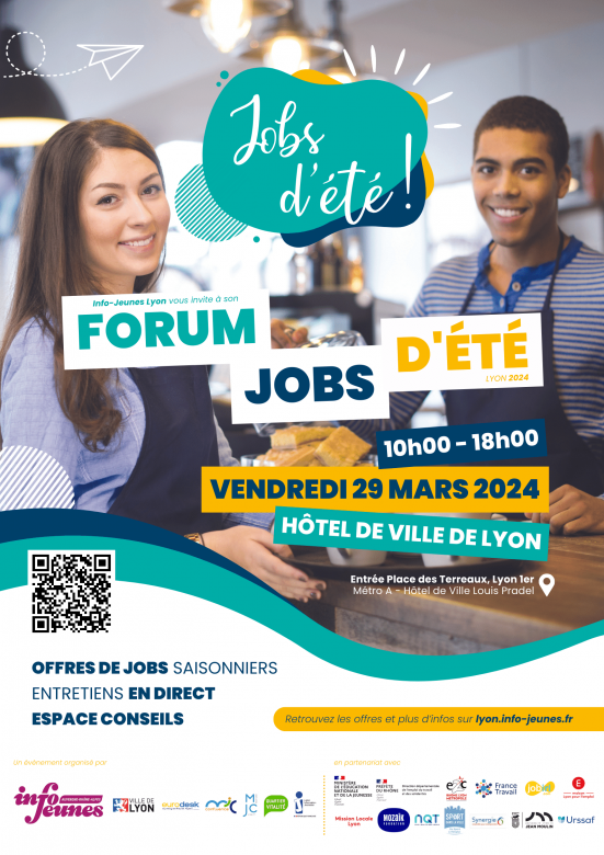 affiche du Forum de recrutement jobs d'été édition 2024 le vendredi 29 mars à l'Hôtel de Ville de Lyon de 10h à 18h. entrée libre et gratuite