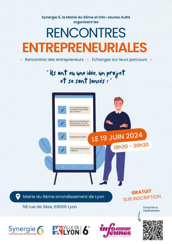 Affiche rencontre entre jeunes et entrepreneurs à lyon, mairie du 6e le 19 juin 2024 de 18h30 à 20h30. gratuit sur inscription