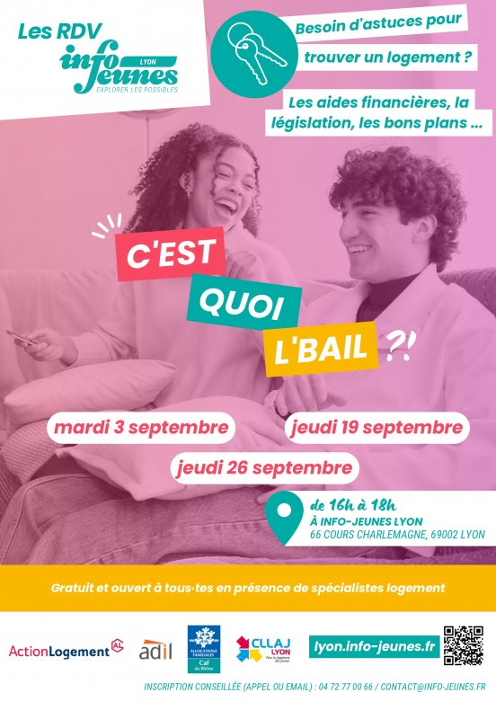 L'affiche annonce les RDV Info-Jeunes "C'est quoi le bail ?" avec les dates, horaires, lieu, et contacts pour s'inscrire, le tout présenté de manière claire et accessible pour aider les jeunes à trouver un logement.