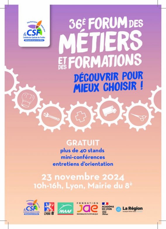 Forum des Métiers et des Formations de la CSF, Lyon, samedi 23 novembre 2024 de 10h à 16h à la Mairie du 8e